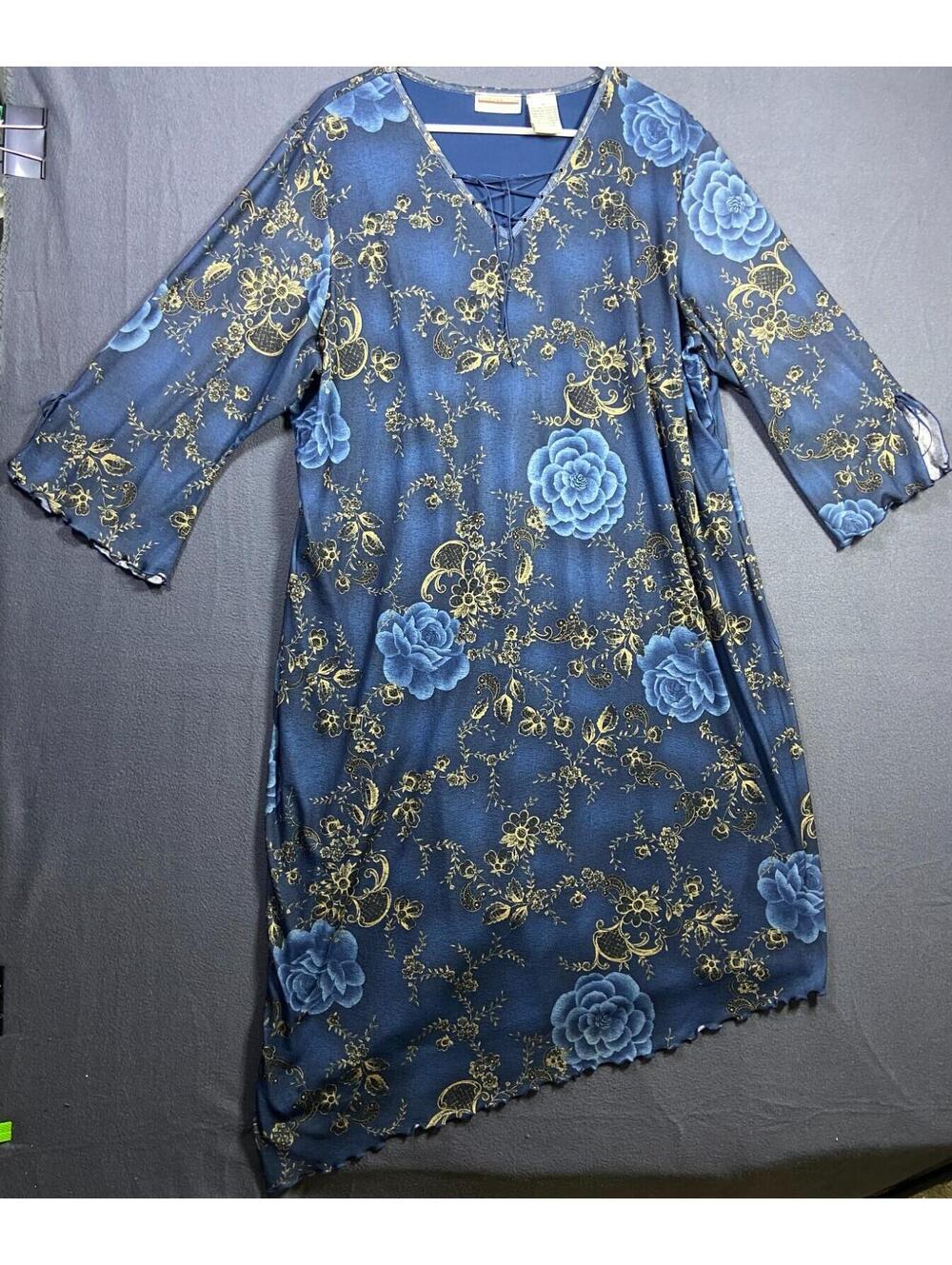 Vintage Y2K 90s Expressions 2X Blue Floral Lettuce Hem V-Neck Midi Dress VTG
